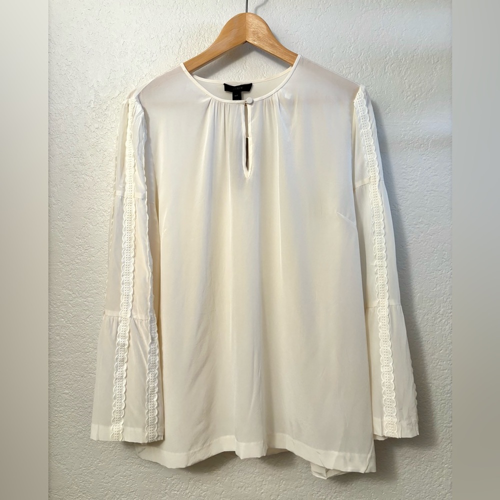 J. Crew 100% Silk Ivory Bell Sleeve Top Boho Flowy Romantic Sz 14 Tall